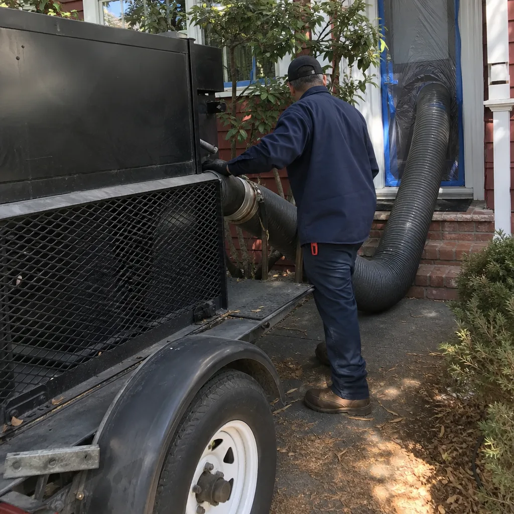 Technician using vacuum equipment for professional residential air duct cleaning