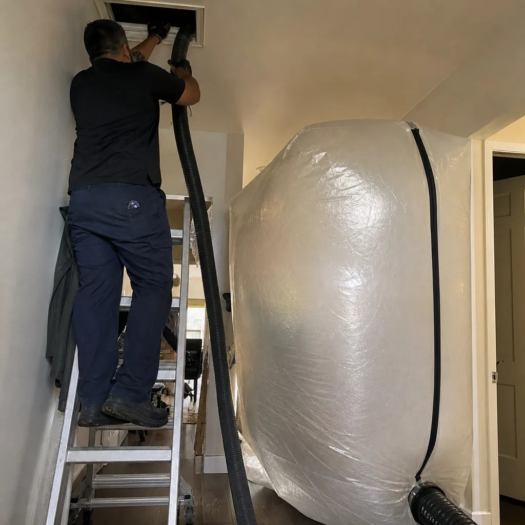 Technician using professional equipment for residential air duct cleaning service