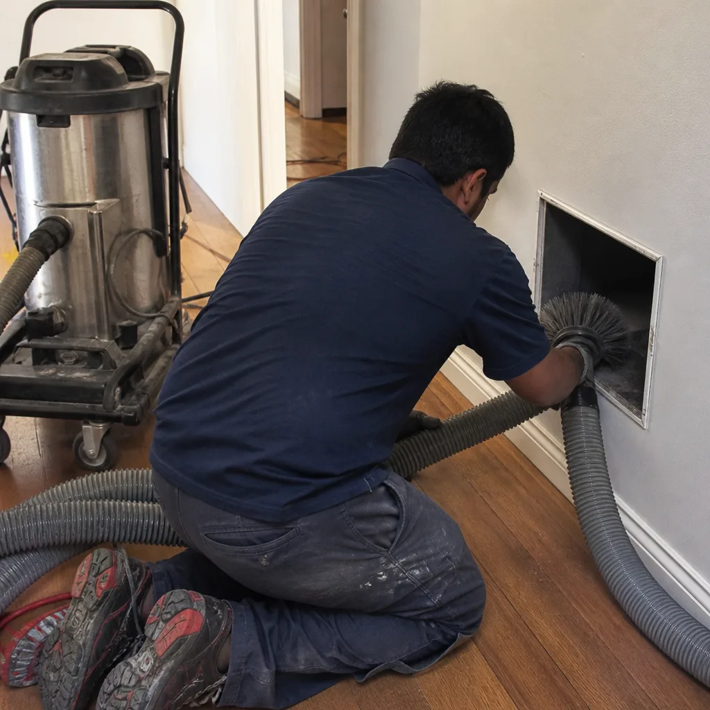Technician performing professional air duct cleaning and repair service