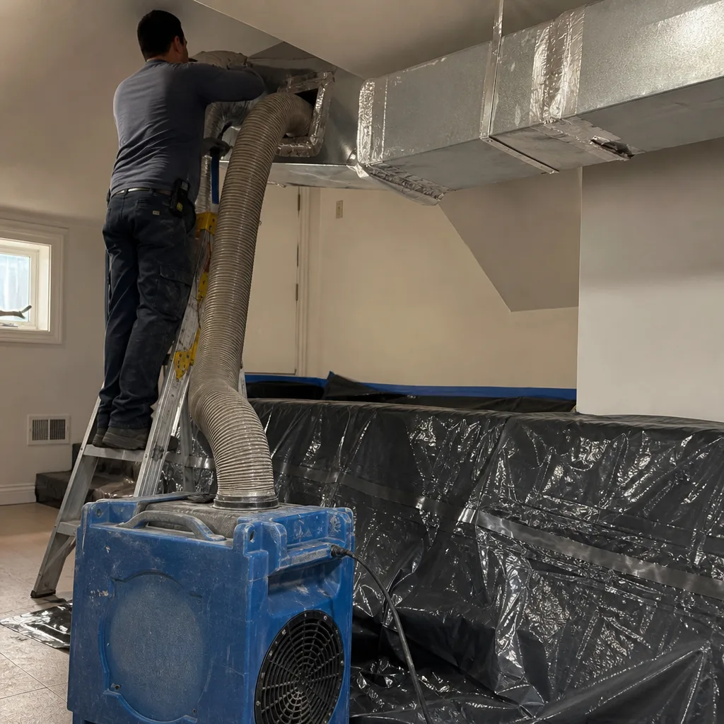 Technician performing professional air duct repair with industrial ventilation equipment