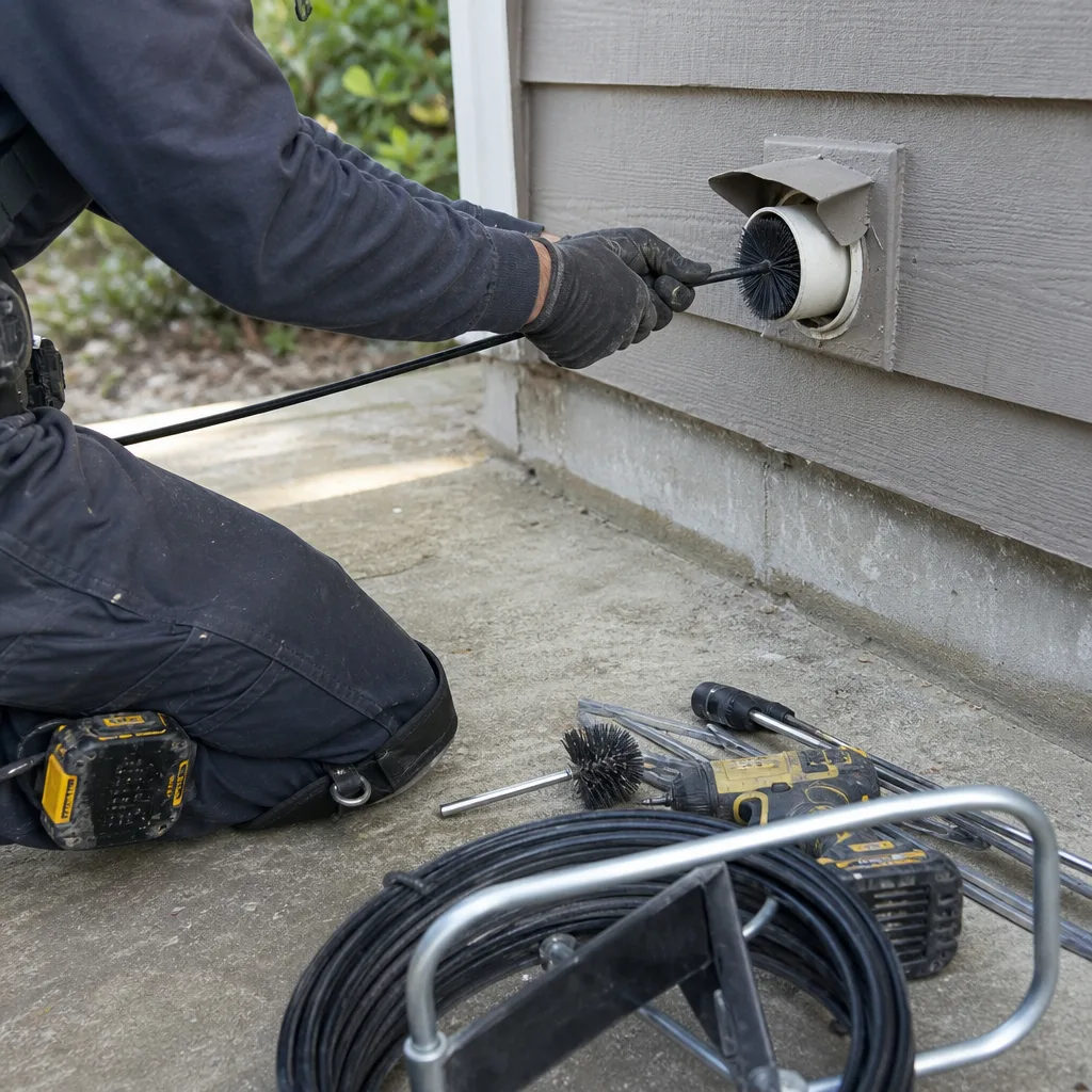 Technician performing professional dryer vent cleaning service with rotating brush tool